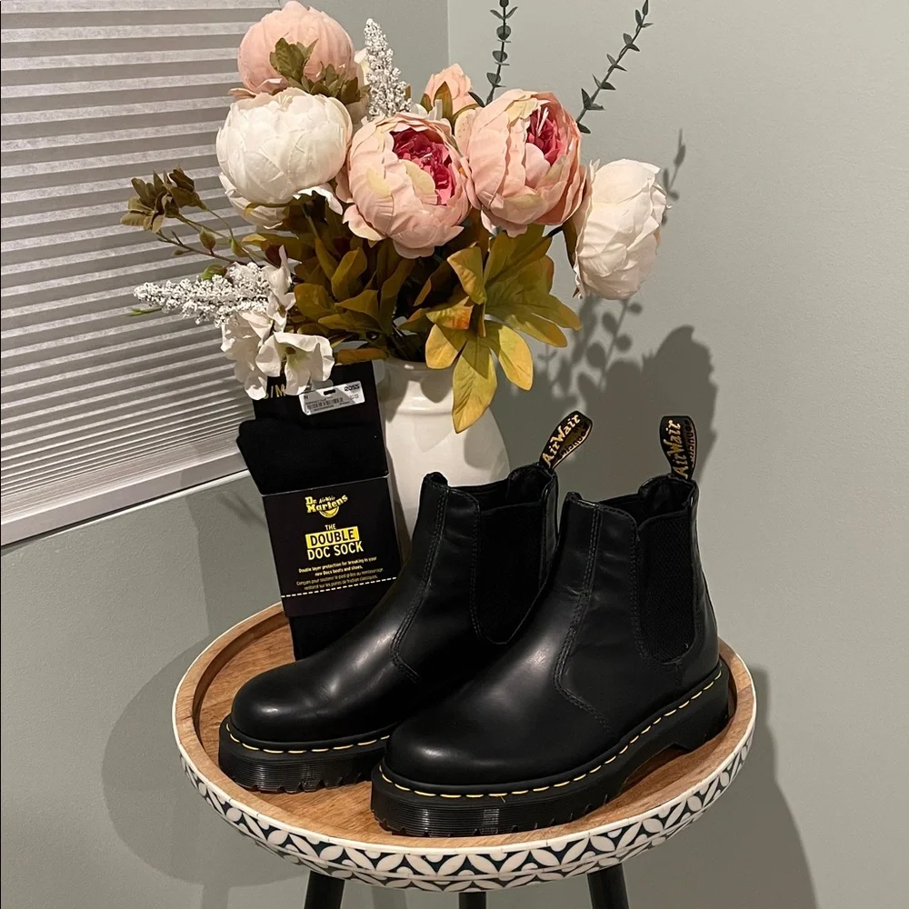 Dr. Martens Black Leather Boots with Yellow Stitching - Picture 1 of 8